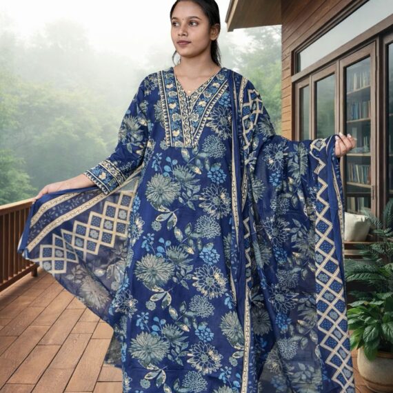 Navy blue floral printed kurta set