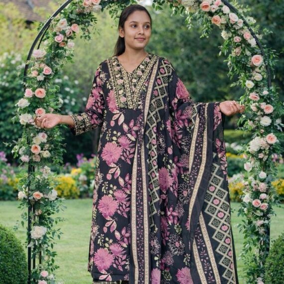 Black Floral Printed Salwar Suit with Dupatta